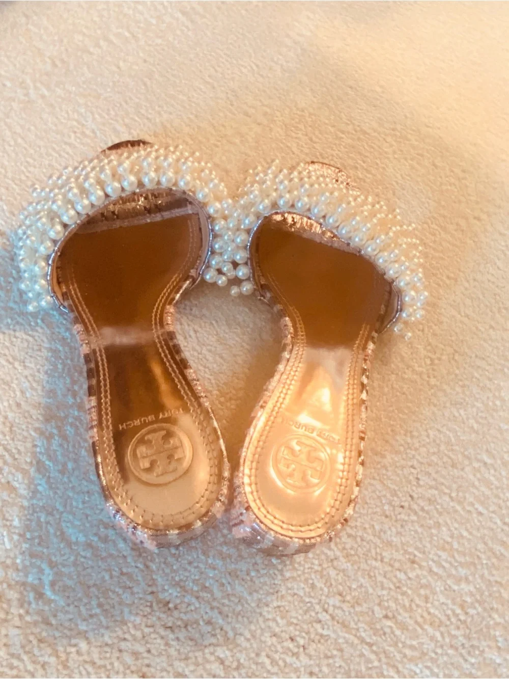 Tory Burch Embellished metallic plaid slide heels